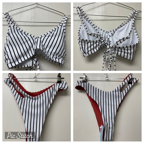 Cupshe 2 Piece Bikini, White & Black Stripe, Lined W Red, Cutout Size Medium NWT